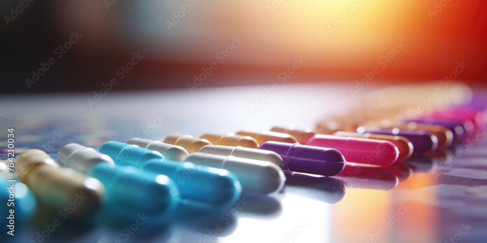 Fototapeta premium Row of colorful pills are lined up on table