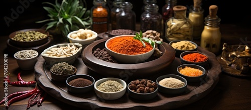 Traditional Chinese medicine with herb and spices in brown wooden background mortar and pestile