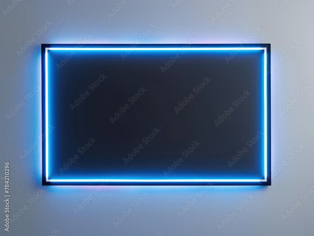 A vibrant neon frame in electric blue outlining a minimalist black and white photograph on a clean white background A vibrant neon frame in electric blue outlining a minimalist black and white photograph on a clean white background