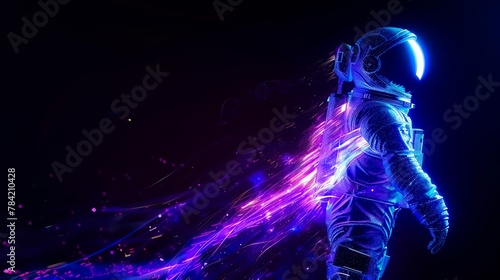 A 3D silhouette of an astronaut formed by blue and purple light streaks against a black background