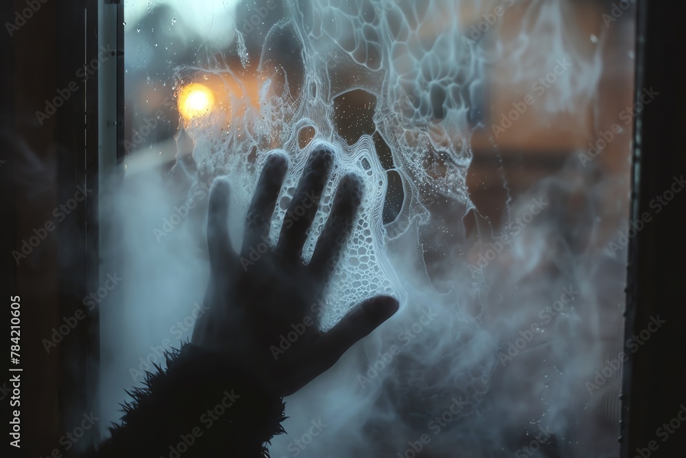 A ghostly hand mysteriously writing a message on a steamy window - obrazy, fototapety, plakaty 