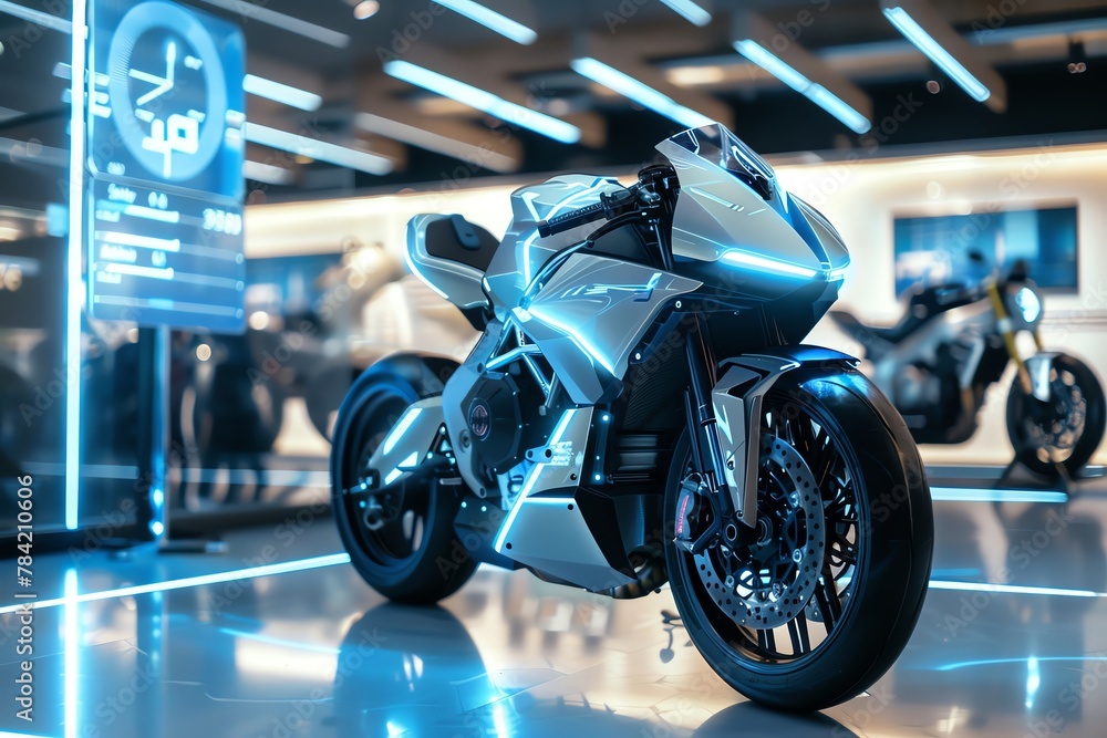 A generic modern speed motorbike displayed in a showroom or garage with data infographics on turbo or electric engines - obrazy, fototapety, plakaty 
