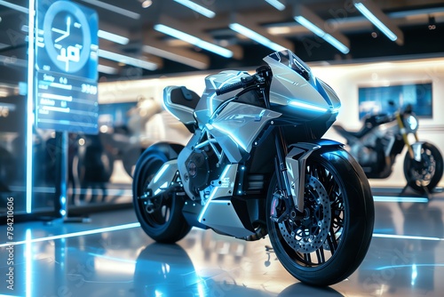 A generic modern speed motorbike displayed in a showroom or garage with data infographics on turbo or electric engines