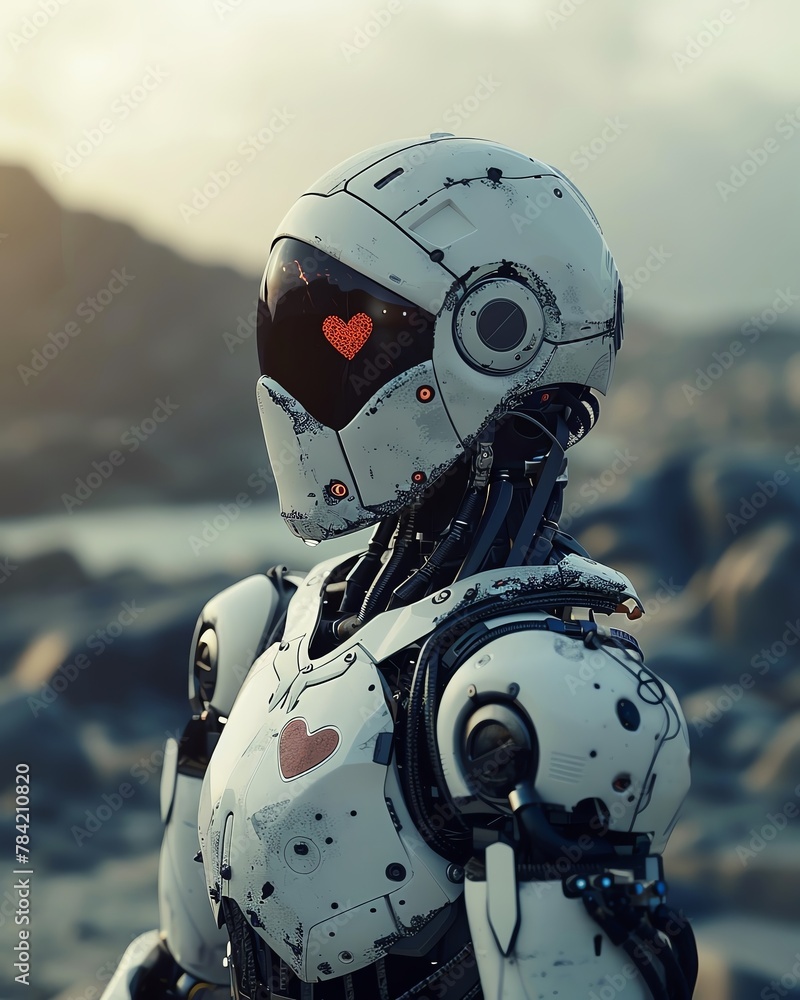 A robot or automated software depicted with emotions and love, in a mixed digital 3D illustration and matte painting A robot or automated software depicted with emotions and love, in a mixed digital 3D illustration and matte painting