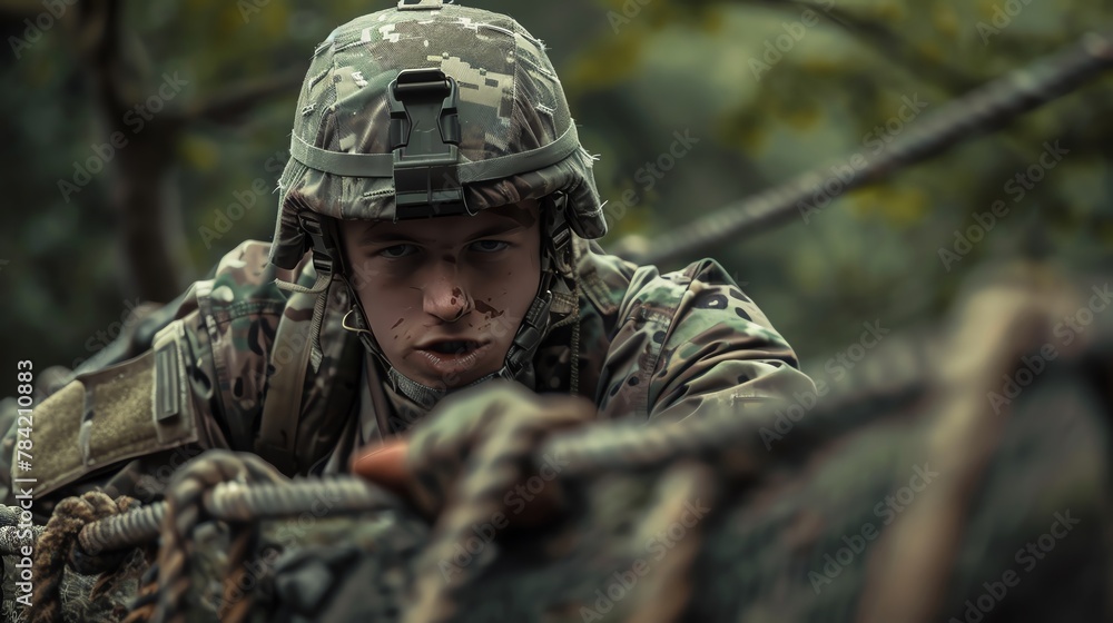A soldier navigating an obstacle course during training, focusing on physical agility and skill