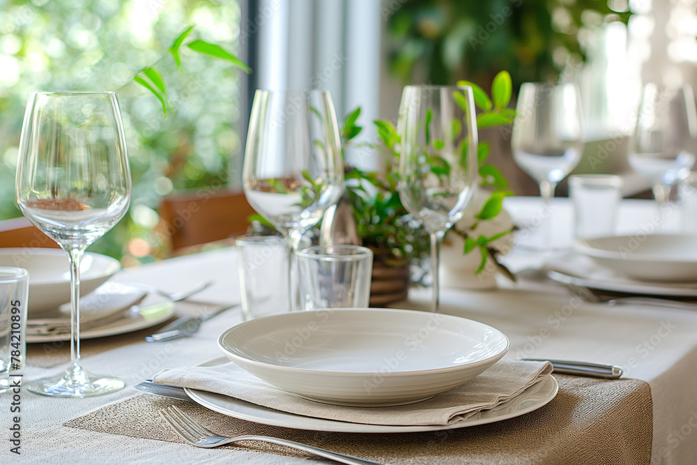 Elegant Table Setting, Neutral Tones, Fine Dining Restaurant Interior