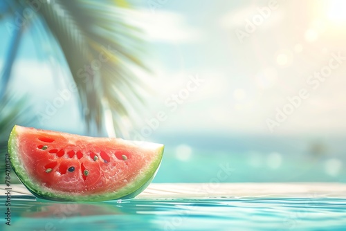 A slice of watermelon set against a refreshing, summery poolside backdrop photo