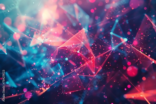 Abstract 3D render of geometric shapes dissolving into particles amidst neon light trails in a cyber realm