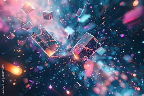 Abstract 3D render of geometric shapes dissolving into particles amidst neon light trails in a cyber realm photo