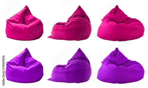2 Collection set of magenta purple pink plain beanbag bean bag seat chair, front side view on transparent cutout, PNG file. Many angle. Mockup template for design © Sandra Chia