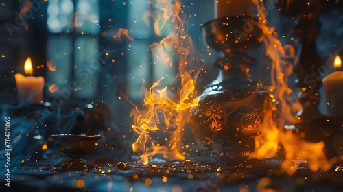 Alchemical transformation scene featuring vibrant flames turning metals into gold photo