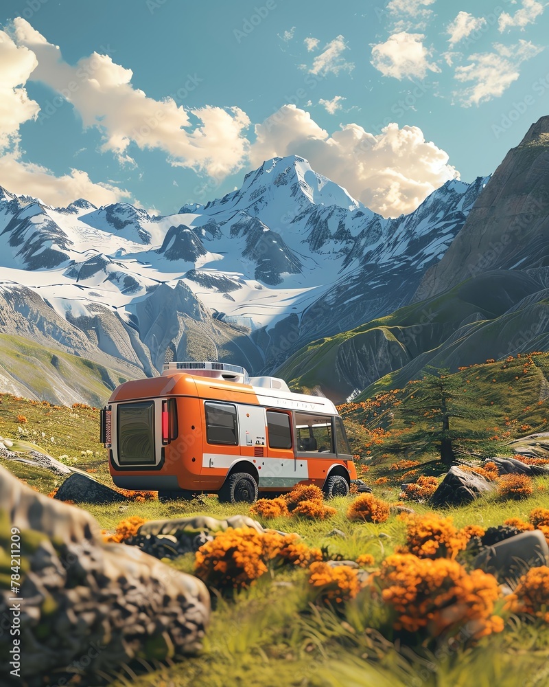 Concept of an electric recreational vehicle RV powered by alternative energy, camped in the wild mountains, emphasizing environmental conservation