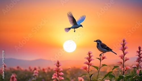 Flower-with-sunrise-with-bird © Ehtasham