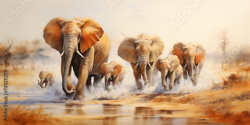 A family of elephants gathered around a watering hole, their trunks entwined in a gesture of affection and unity as they quench their thirst in the African heat. 