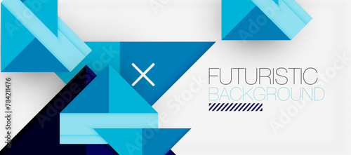 An electric blue font against an azure background, adorned with aqua triangles and magenta circles. A futuristic design with geometric shapes and symmetrical patterns
