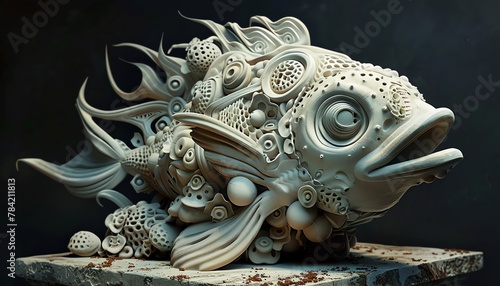 Illustrate a detailed clay sculpture of fantastical underwater creatures conveying musical harmony through intricate design and texture