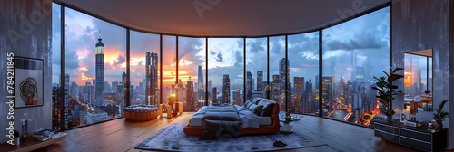 Wide-angle shot of a contemporary bedroom with a view of the city skyline, hyperrealistic photography of modern interior design