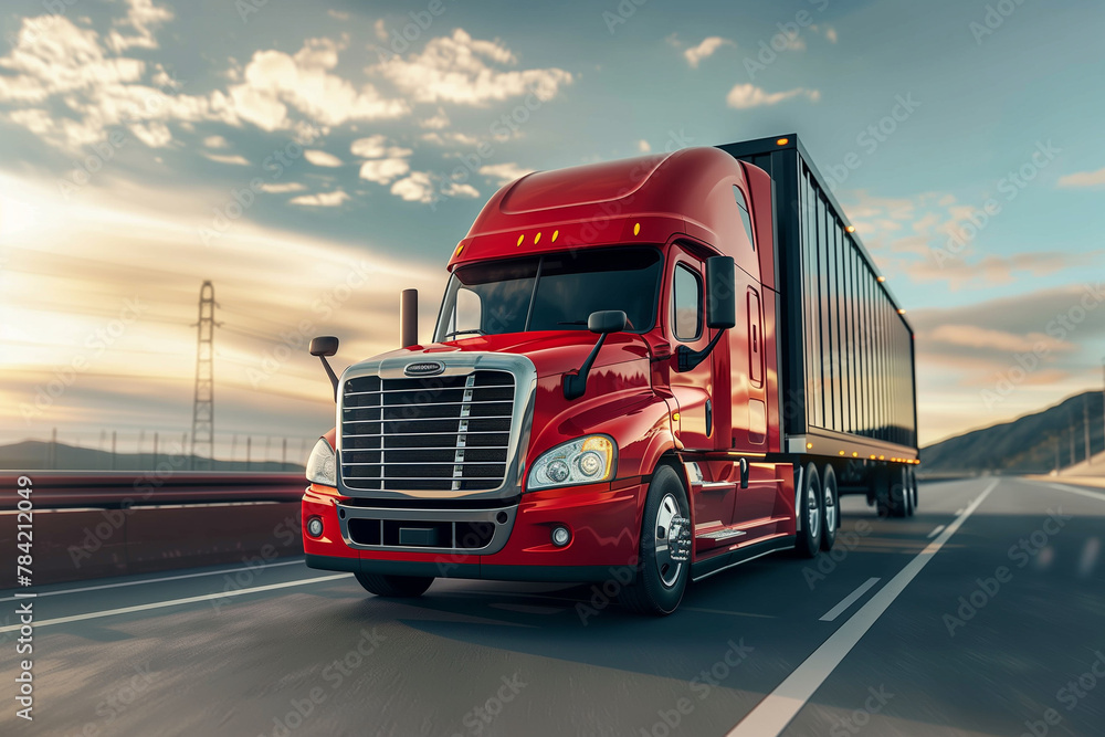 Red Semi Truck on Highway, Sunset, Freight Transportation Concept