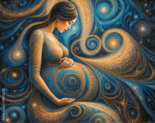 A serene pregnant woman with swirling patterns around her reminiscent of galaxies envelop her form, creating a sense of movement and continuation, symbolizing the cycle and beauty of creation.