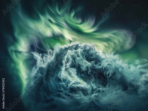 A mesmerizing northern lights frame with waves of green and blue auroras
