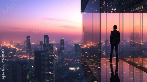 A photorealistic scene of a businessman in a modern, glass-walled office overlooking the city skyline at dusk, AI Generative