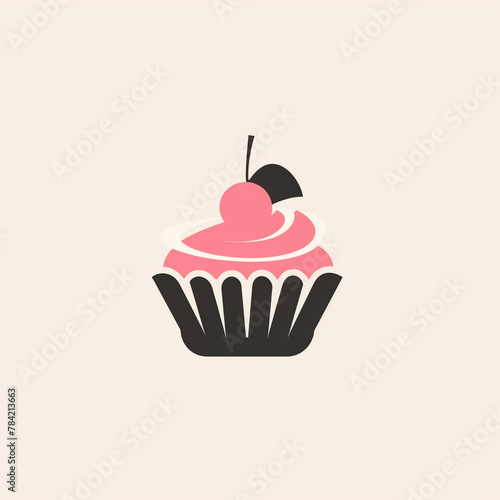 Minimalist logo design for 'Simplicity Sweets', showcasing a stylized cupcake with a single geometric cherry on top. The cupcake liner is depicted in dark tones, while the frosting is a delicate pink