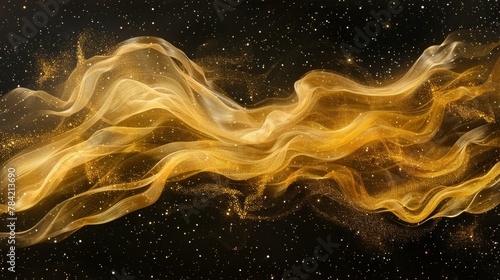 Ethereal gold dust waves, digital particles create a stellar landscape, glowing abstract background, stars shimmer in orchestrated light, AI Generative