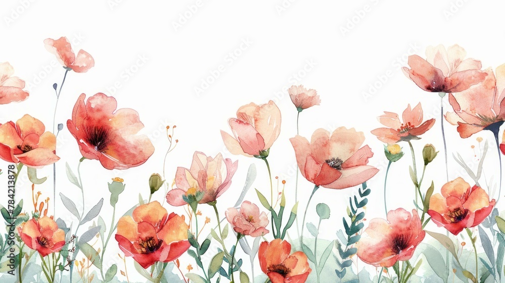 Watercolor summer meadow flowers, horizontal border design on white, ideal for cards, banners, AI Generative