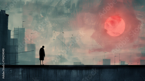 Haunting minimalist illustration featuring an eerily pale man with striking red eyes, peering down over a gothic cityscape under a blood-red moon. The dark silhouettes of ancient buildings 
