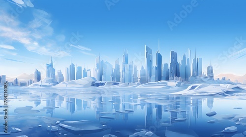 blue structure on an iced lake in Newyork city  in the style of fragmented icons  realistic rendering  future tech  bright colors  soft gradients