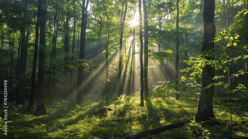 Obraz premium Lush green forest with sunlight filtering through the trees
