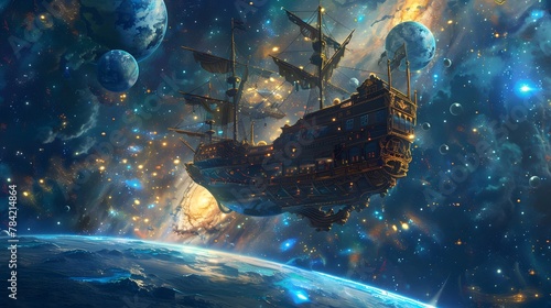 Fototapeta Naklejka Na Ścianę i Meble -  A pirate ship floats in the middle of space amidst a beautiful planet