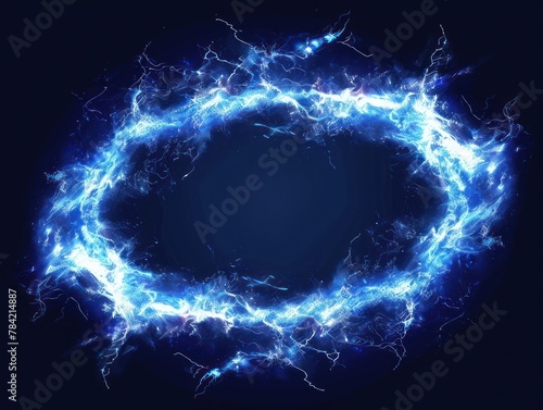 An oval frame composed of intense electric sparks in a spectrum of electric blues isolated on a deep navy background