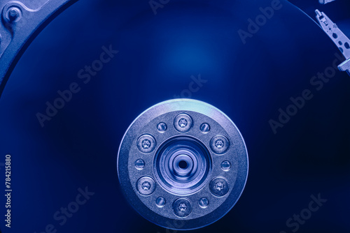 hard disk drive without the top protective cover. abstract electronics background.