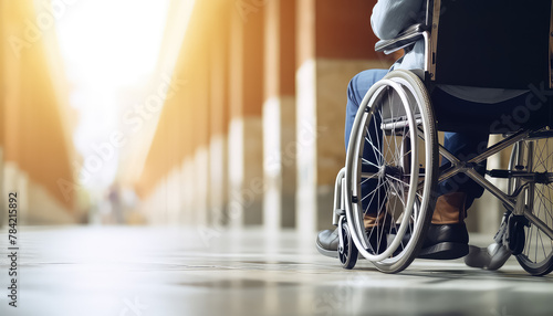 Man in wheelchair on street wheel close-up photo