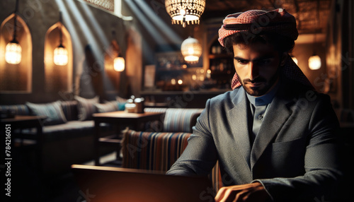 arabian look businessman in a restaurant using laptop