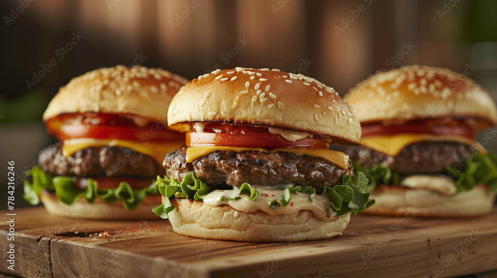 Delicious Gourmet Burger with Aioli Sauce on Rustic Wooden Board. Food Photography Delicious Gourmet Burger with Aioli Sauce on Rustic Wooden Board. Food Photography