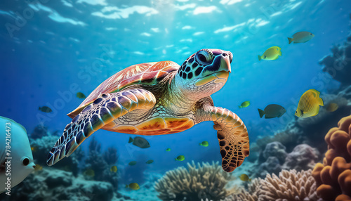A large turtle swims in a clear ocean , Environmental eco safe Conservation © terra.incognita