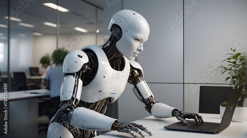 An example of an artificial intelligence that resembles a humanoid carrying out chores on a gadget. Utilizing AI in the Workplace.