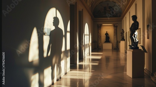 Surreal Fusion: Human Shadow & Statue Silhouette in Museum Setting