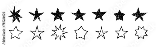 Hand Drawn Star Shapes. Grunge charcoal, crayon, pencil scrawl hand drawn stars, rough doodle shapes. Starry Elements in black color. (Full Vector)