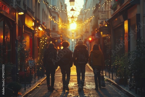 Friends walk down a festive  illuminated street at dusk  basking in the warm glow.