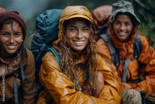 Three joyful friends in rain jackets with backpacks hiking in nature.