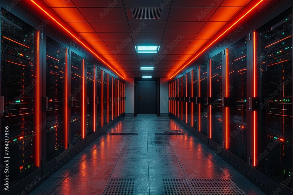 A modern server room with red ambient lighting illuminating rows of high-tech data equipment. A modern server room with red ambient lighting illuminating rows of high-tech data equipment.