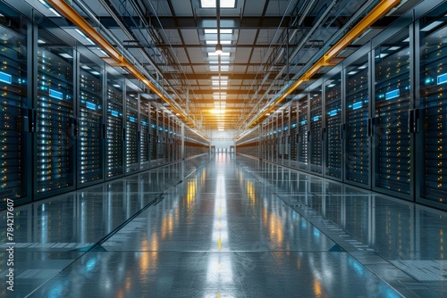 A vast data center with endless rows of server racks under bright overhead lighting, highlighting a robust IT infrastructure.