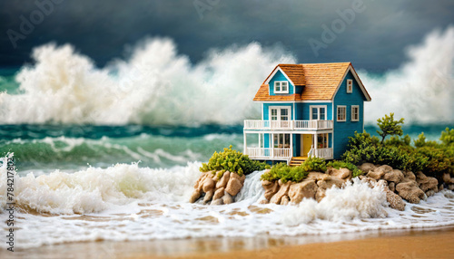 miniature scene of tiny house of sand beach island, generative AI