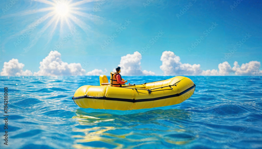 Fototapeta premium miniature scene of raft rescue float boat and sand beach island, generative AI