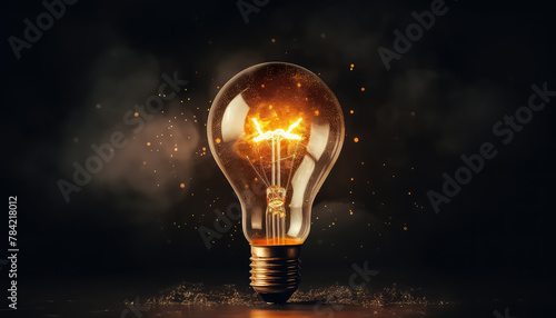 Light bulb with fire on black background
