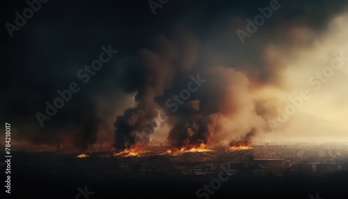 The city at night is engulfed in flames and fire and smoke are burning