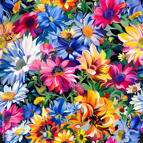  Colorful Floral Explosion, Bright Blossoms, Botanical Illustration